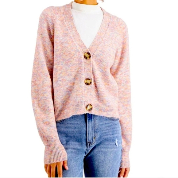 Hooked Up by IOT Sweaters - Hooked Up Pink Space Dyed Cropped Vneck Cardigan Womens  Size‎ Small Multi Color